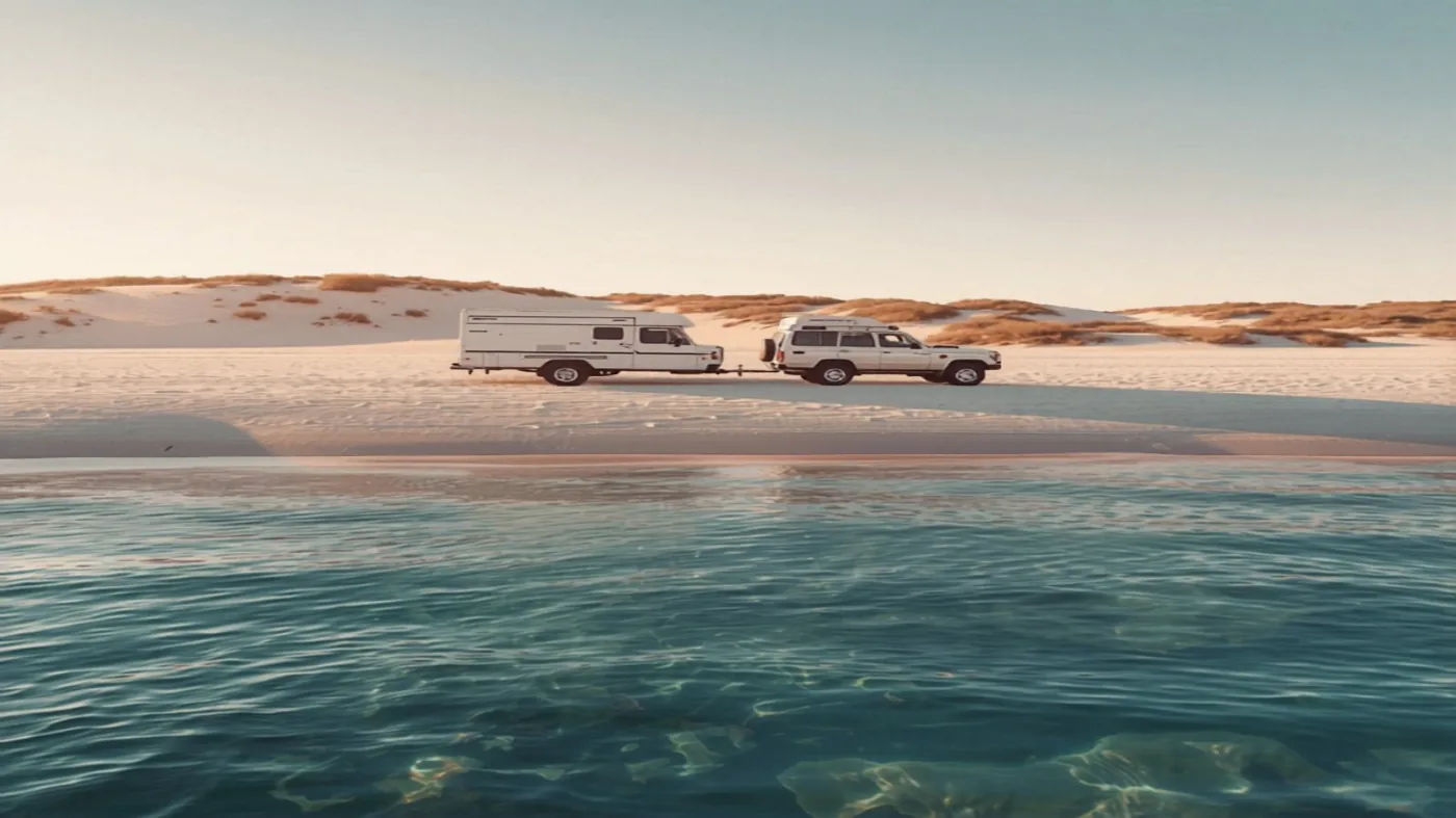 Campervan travelling along an Australian coastal route at golden hour