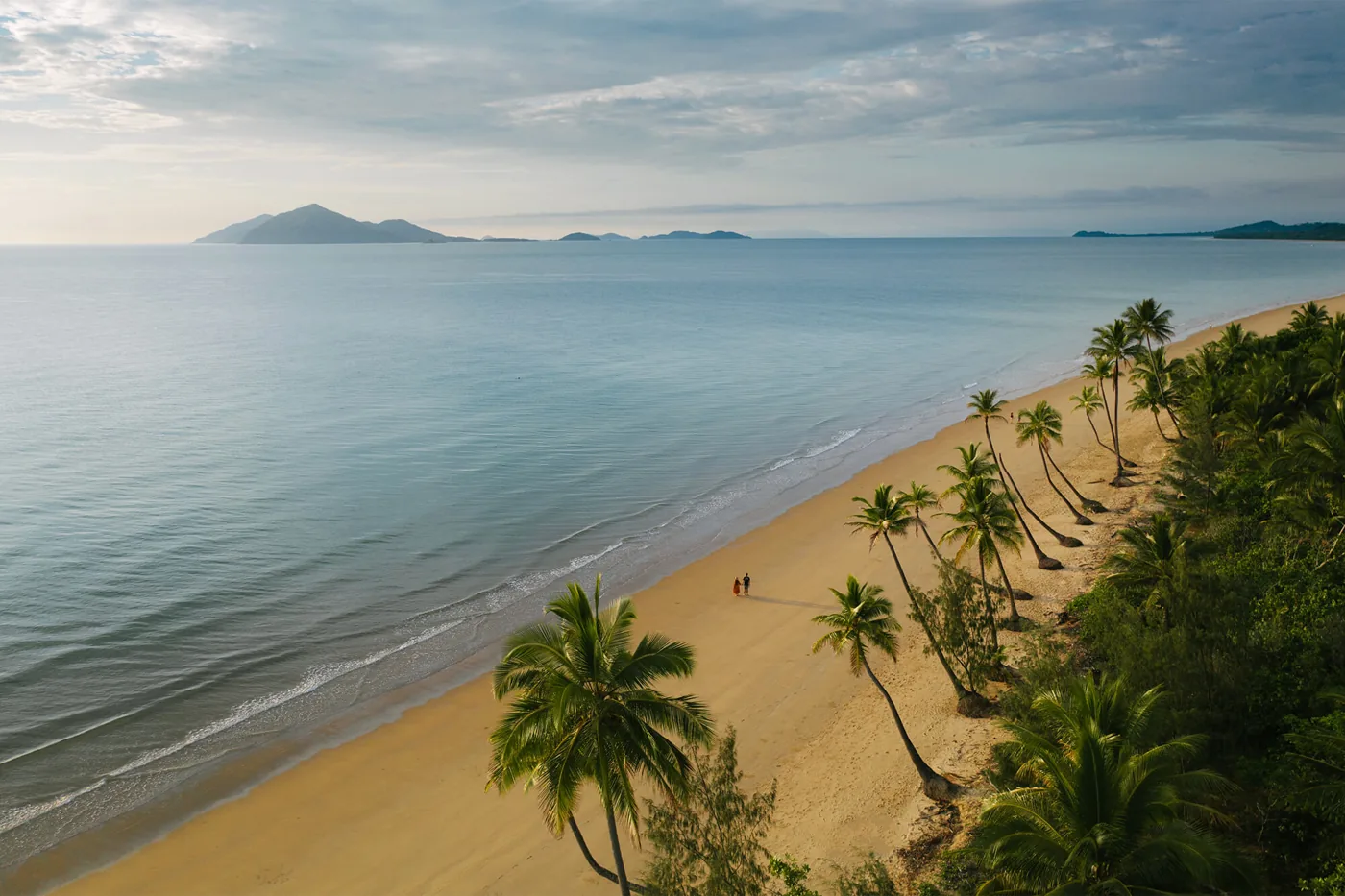 Aerial view of the tropical palm-lined coastline at Mission Beach, Queensland